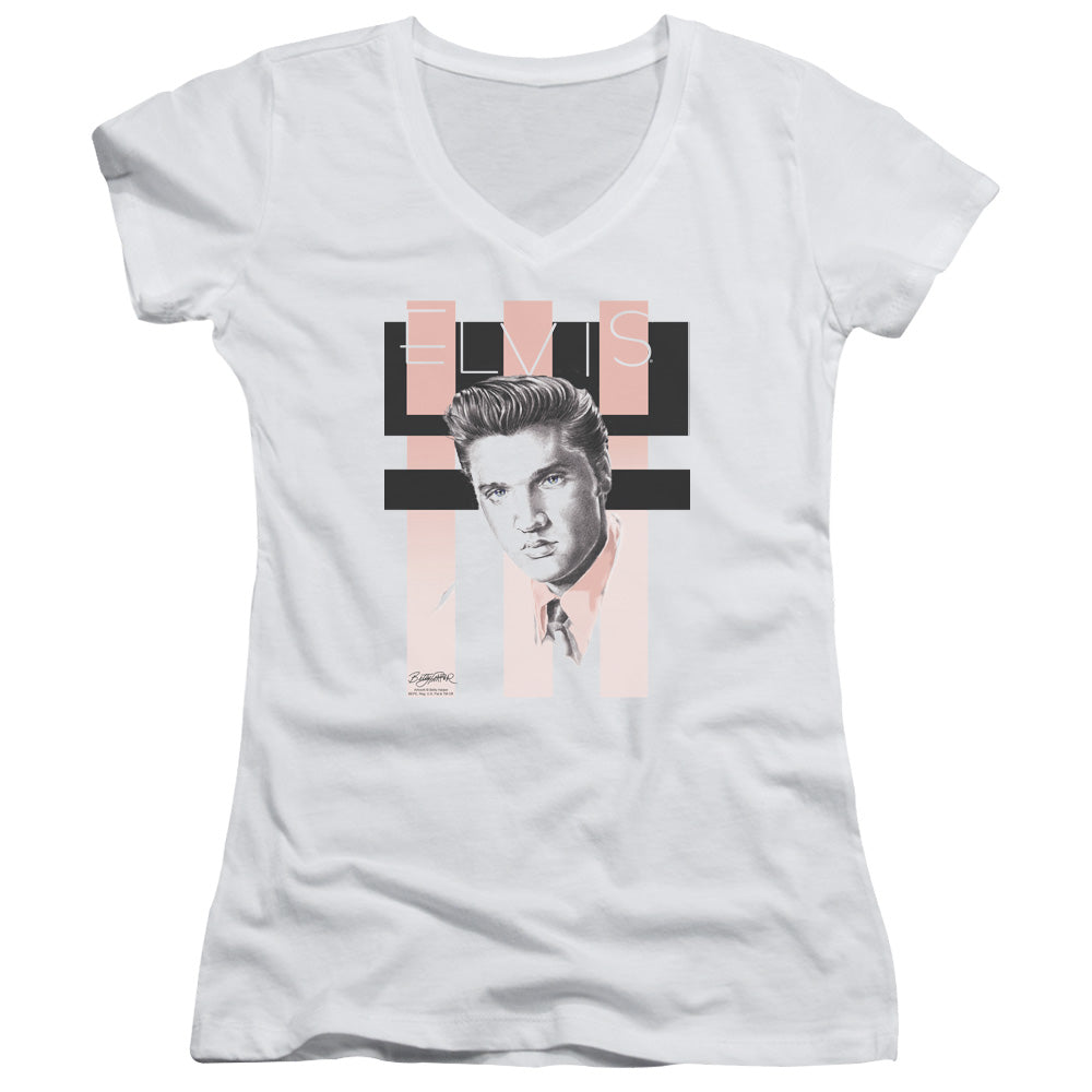 Elvis Presley Retro Junior Sheer Cap Sleeve V Neck Womens T Shirt White