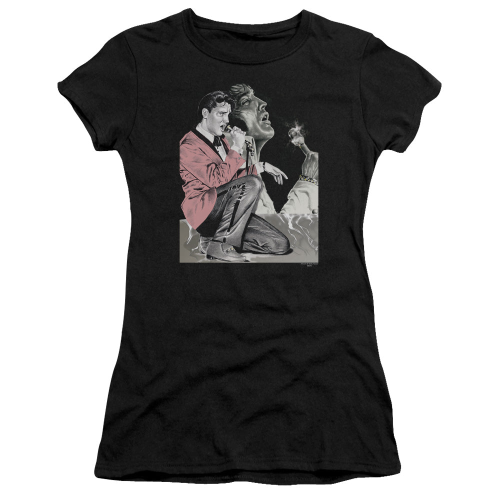 Elvis Presley Rock N Roll Oke Junior Sheer Cap Sleeve Womens T Shirt Black