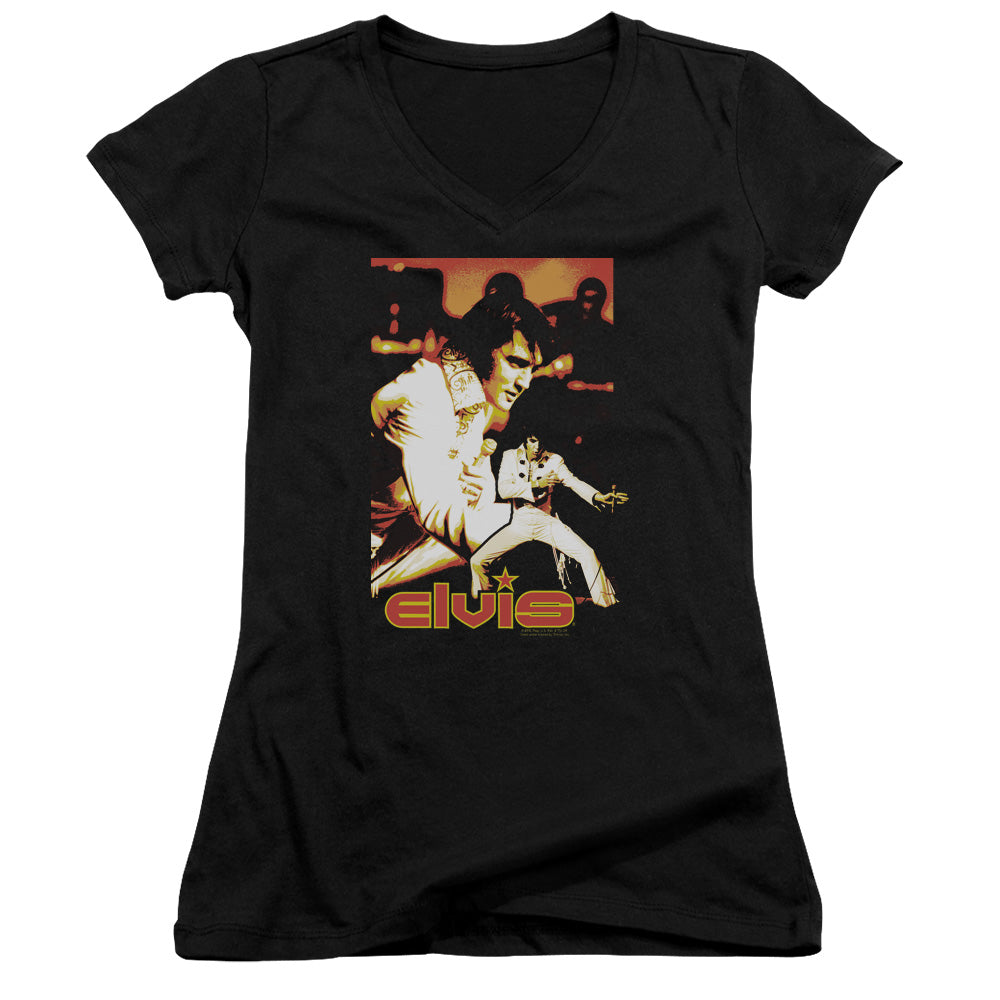 Elvis Presley Showman Junior Sheer Cap Sleeve V Neck Womens T Shirt Black