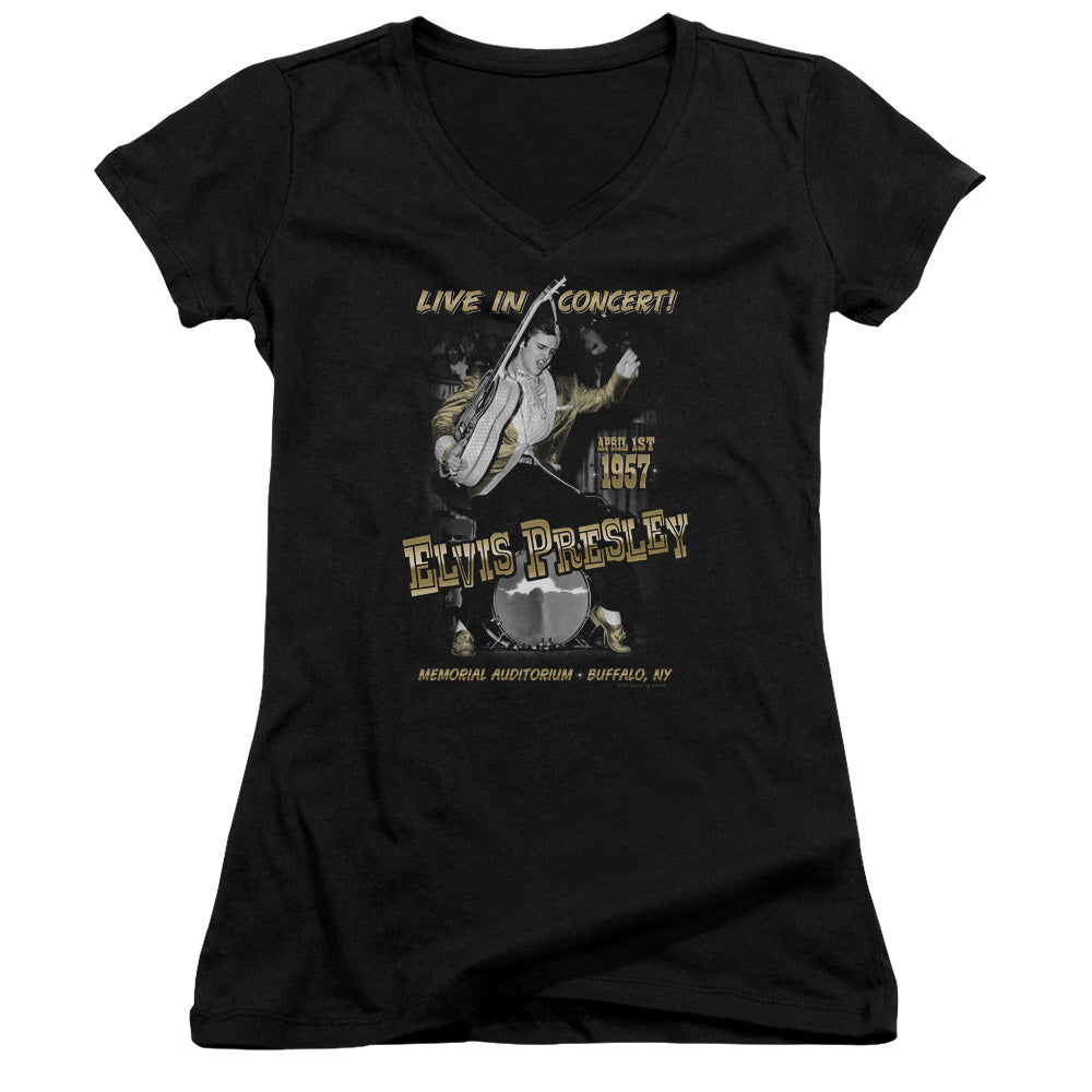 Elvis Presley Live in Buffalo Junior Sheer Cap Sleeve V Neck Womens T Shirt Black