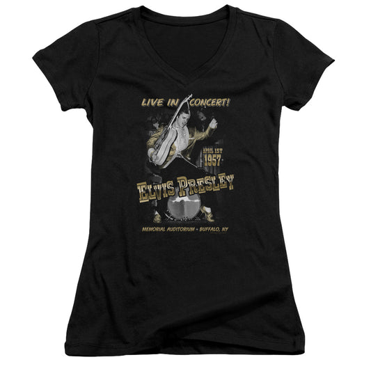 Elvis Presley Live in Buffalo Junior Sheer Cap Sleeve V Neck Womens T Shirt Black