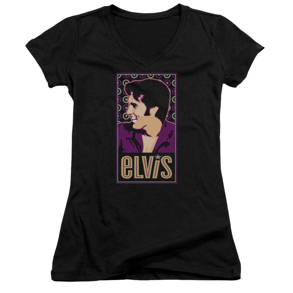 Elvis Presley Elvis is Junior Sheer Cap Sleeve V Neck Womens T Shirt Black