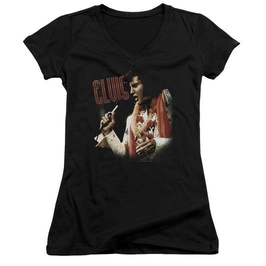 Elvis Presley Soulful Junior Sheer Cap Sleeve V Neck Womens T Shirt Black