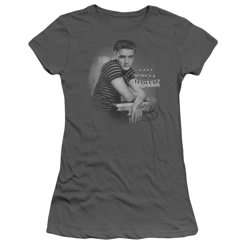 Elvis Presley Trouble Junior Sheer Cap Sleeve Womens T Shirt Charcoal