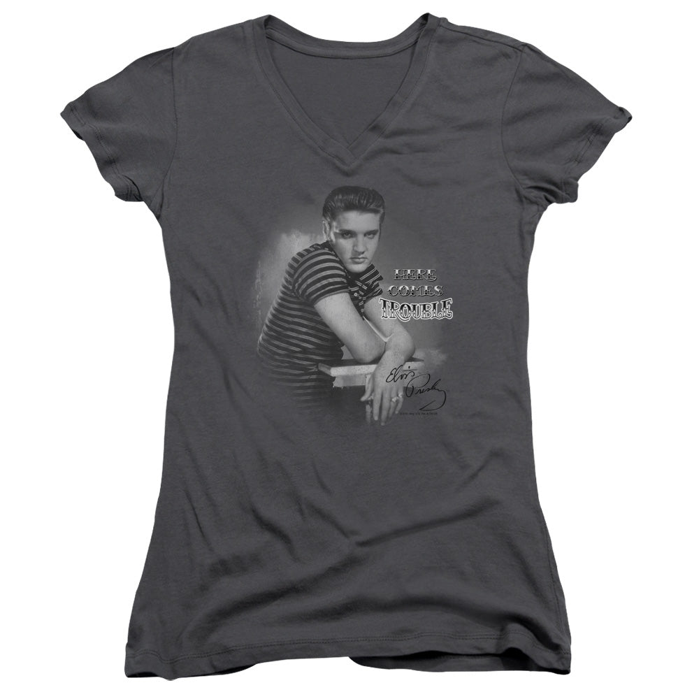 Elvis Presley Trouble Junior Sheer Cap Sleeve V Neck Womens T Shirt Charcoal