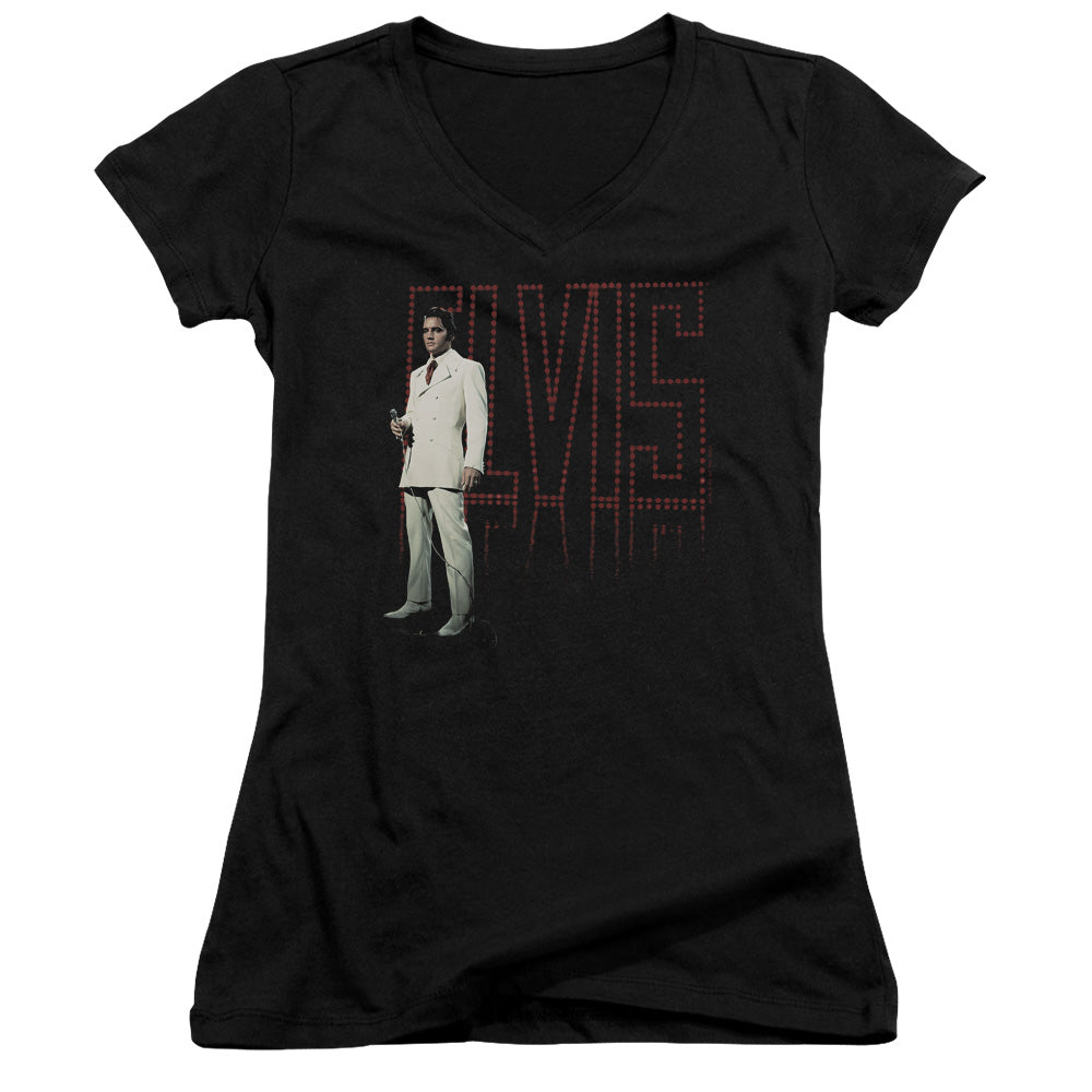 Elvis Presley White Suit Junior Sheer Cap Sleeve V Neck Womens T Shirt Black