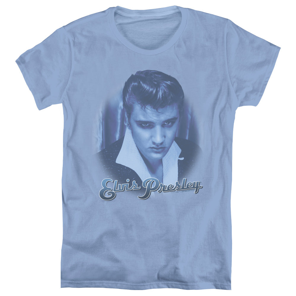 Elvis Presley Blue Suede Fade Womens T Shirt Carolina Blue