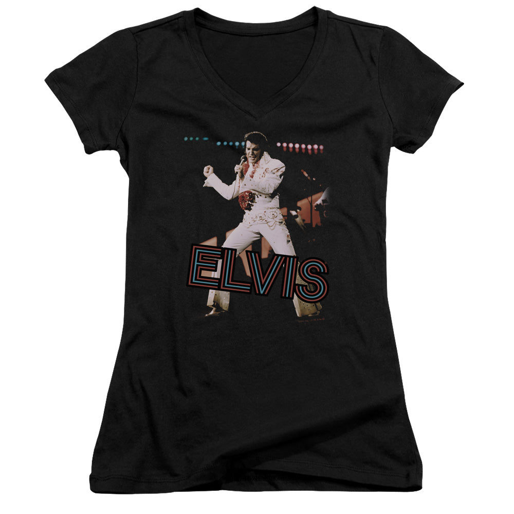 Elvis Presley Hit the Lights Junior Sheer Cap Sleeve V Neck Womens T Shirt Black