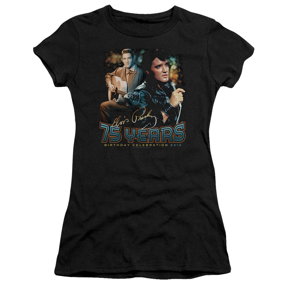 Elvis Presley 75 Years Junior Sheer Cap Sleeve Womens T Shirt Black