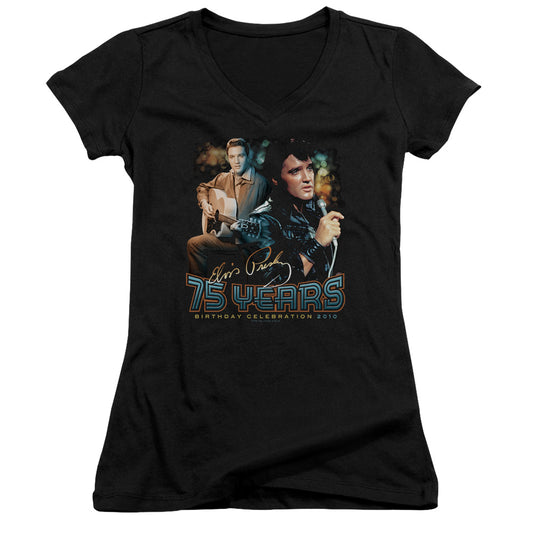 Elvis Presley 75 Years Junior Sheer Cap Sleeve V Neck Womens T Shirt Black