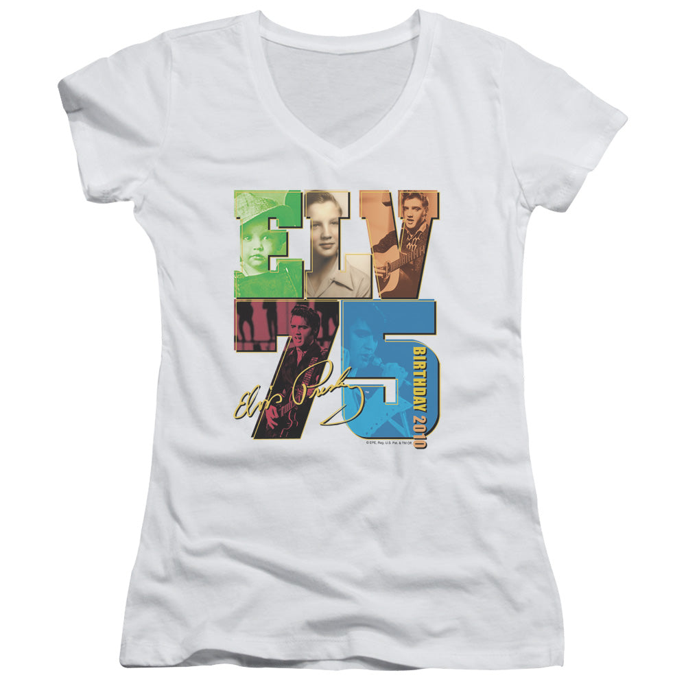 Elvis Presley Birthday 2010 Junior Sheer Cap Sleeve V Neck Womens T Shirt White