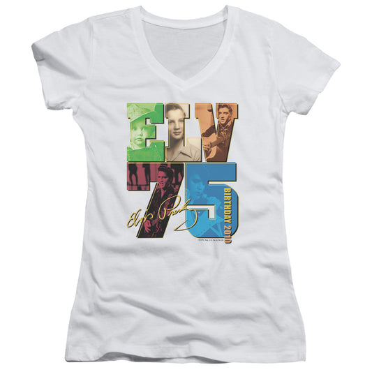 Elvis Presley Birthday 2010 Junior Sheer Cap Sleeve V Neck Womens T Shirt White