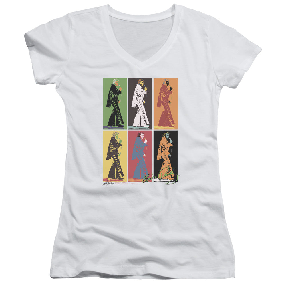 Elvis Presley Retro Boxes Junior Sheer Cap Sleeve V Neck Womens T Shirt White