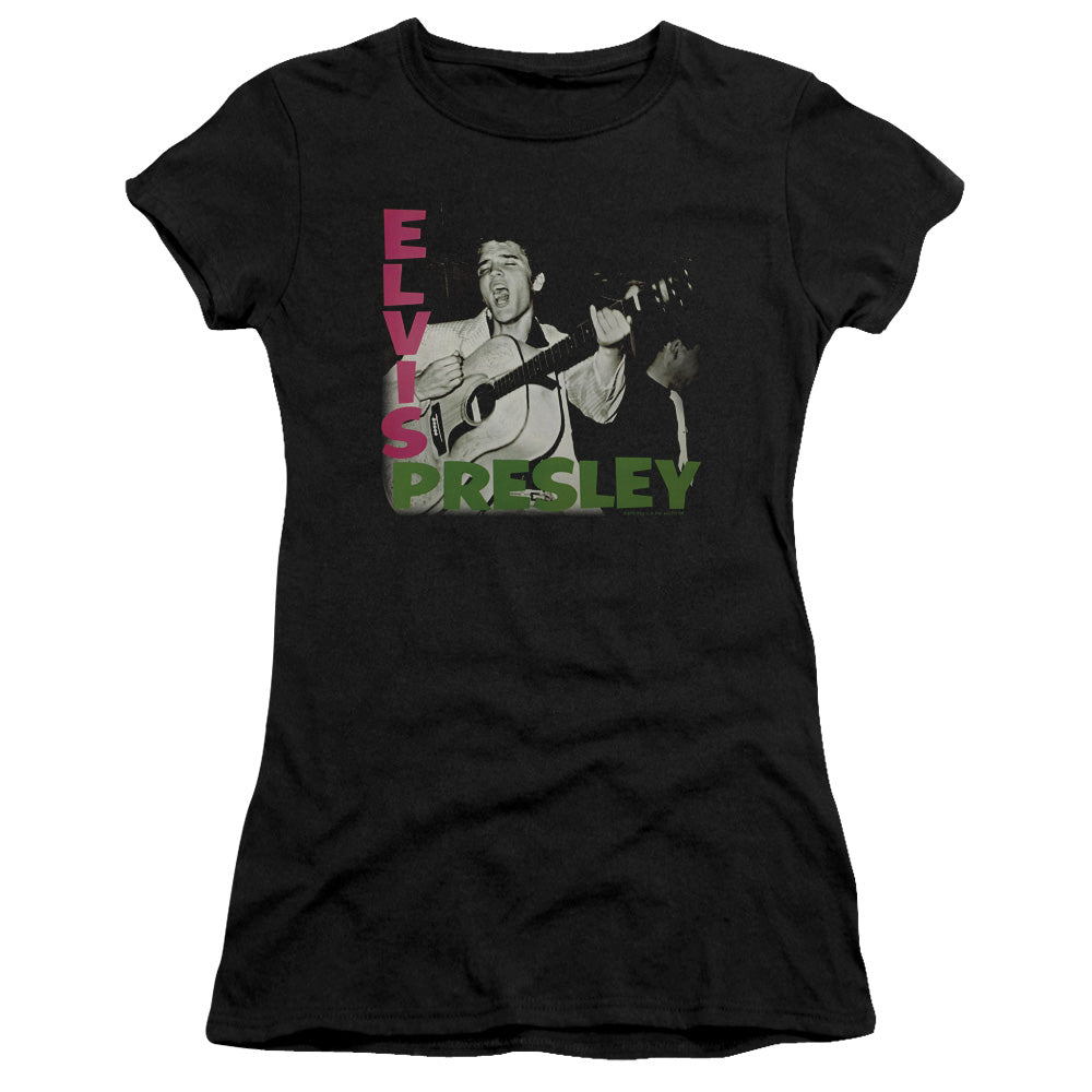 Elvis Presley Elvis Presley Album Junior Sheer Cap Sleeve Womens T Shirt Black