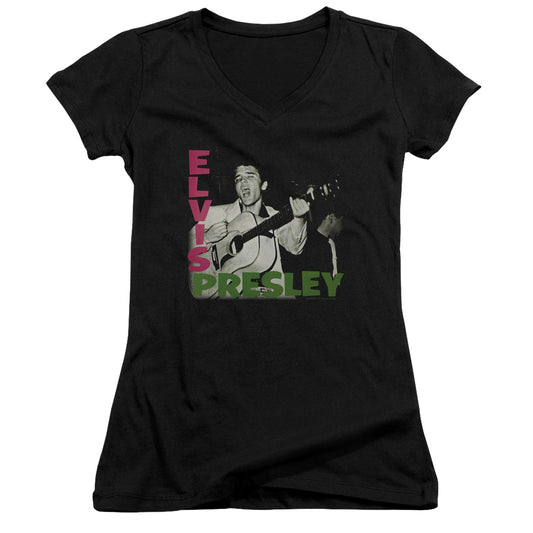 Elvis Presley Elvis Presley Album Junior Sheer Cap Sleeve V Neck Womens T Shirt Black