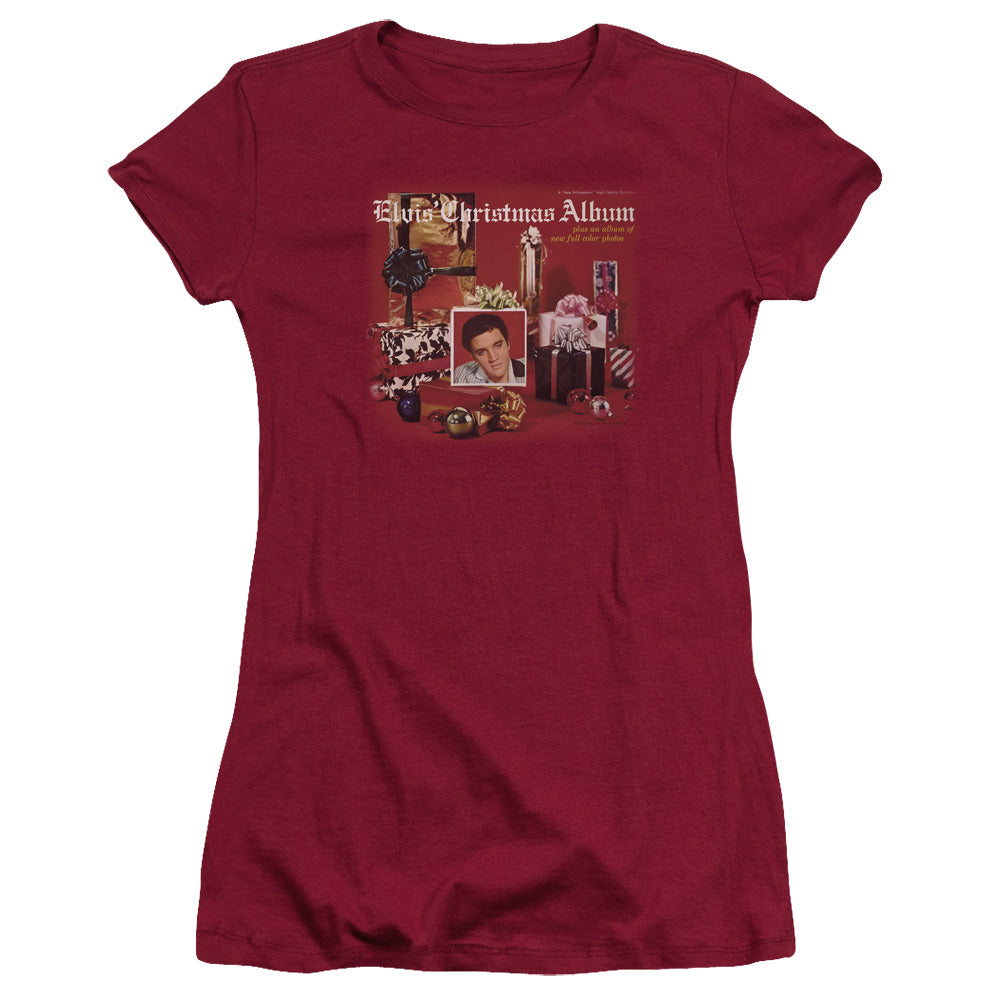 Elvis Presley Christmas Album Junior Sheer Cap Sleeve Womens T Shirt Cardinal