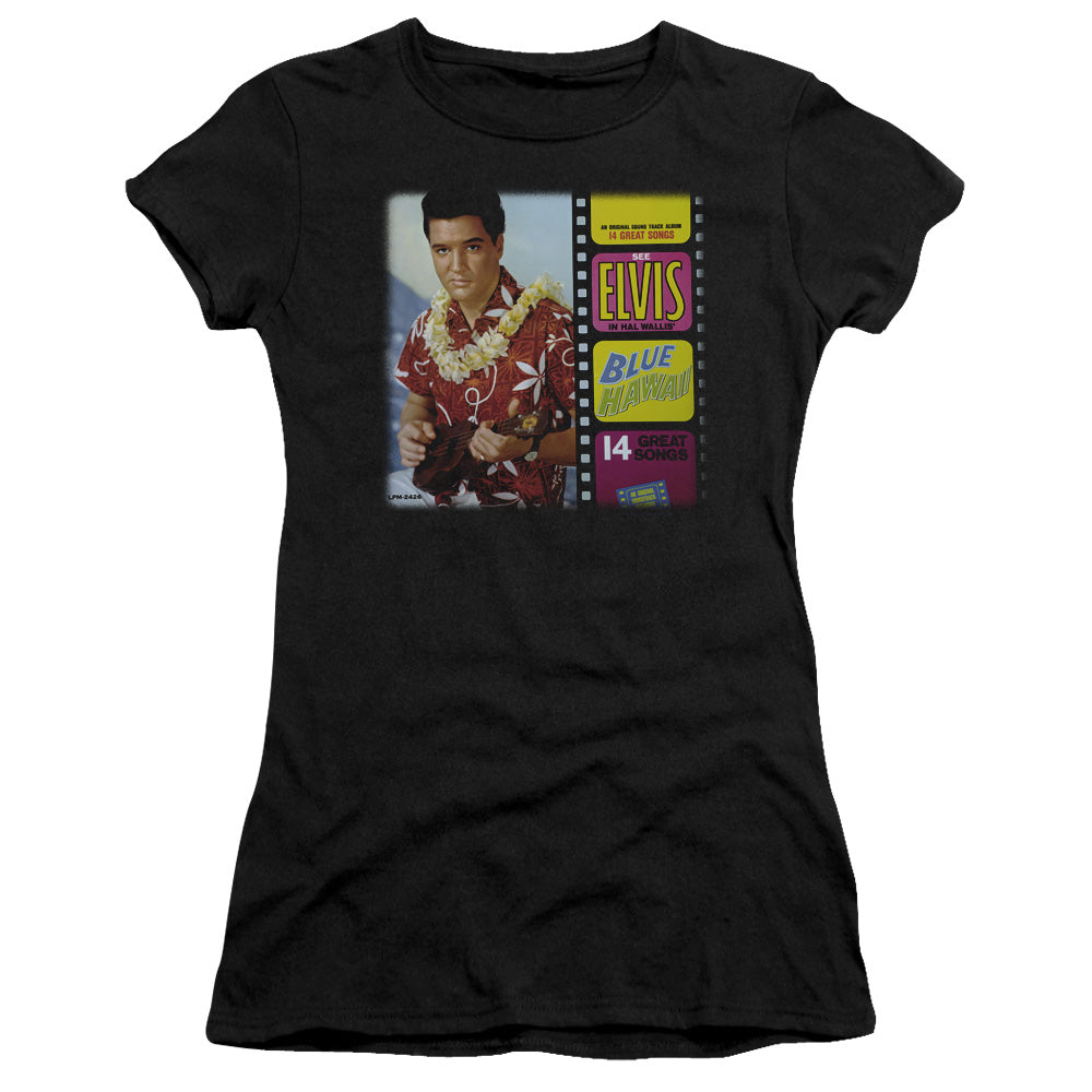 Elvis Presley Blue Hawaii Album Junior Sheer Cap Sleeve Womens T Shirt Black