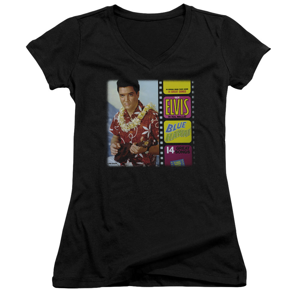 Elvis Presley Blue Hawaii Album Junior Sheer Cap Sleeve V Neck Womens T Shirt Black