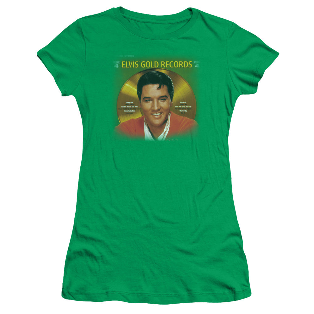 Elvis Presley Gold Records Junior Sheer Cap Sleeve Womens T Shirt Kelly Green