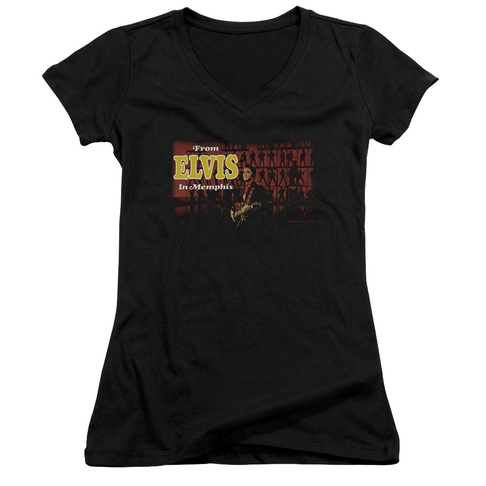 Elvis Presley From Elvis in Memphis Junior Sheer Cap Sleeve V Neck Womens T Shirt Black