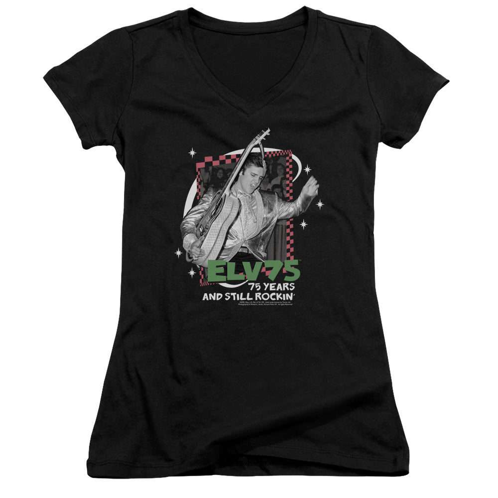 Elvis Presley Still Rockin Junior Sheer Cap Sleeve V Neck Womens T Shirt Black