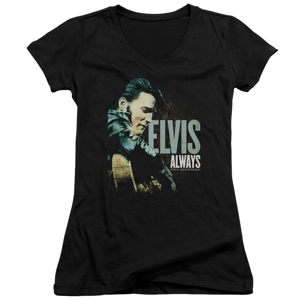 Elvis Presley Always the Original Junior Sheer Cap Sleeve V Neck Womens T Shirt Black