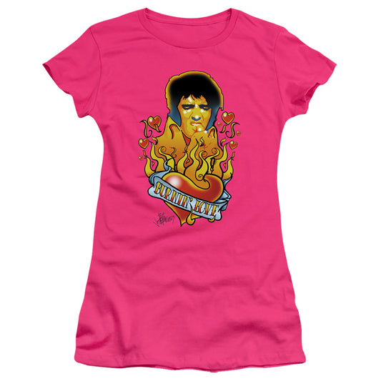 Elvis Presley Burning Love Junior Sheer Cap Sleeve Womens T Shirt Hot Pink