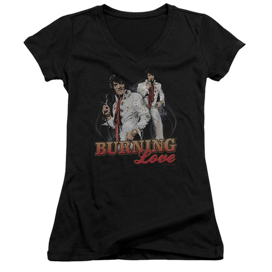 Elvis Presley Burning Love Junior Sheer Cap Sleeve V Neck Womens T Shirt Black