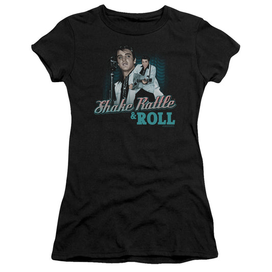 Elvis Presley Shake Rattle & Roll Junior Sheer Cap Sleeve Womens T Shirt Black