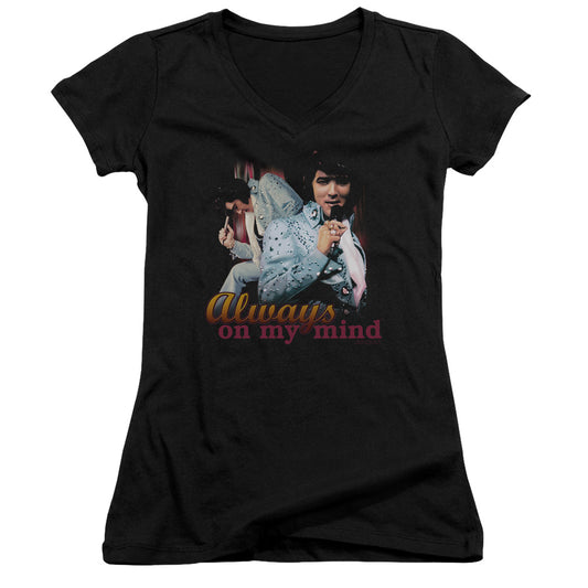 Elvis Presley Always on My Mind Junior Sheer Cap Sleeve V Neck Womens T Shirt Black