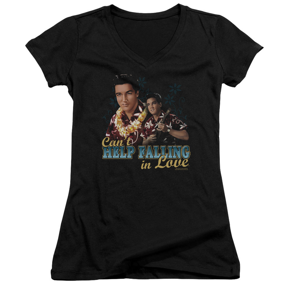 Elvis Presley Cant Help Falling Junior Sheer Cap Sleeve V Neck Womens T Shirt Black