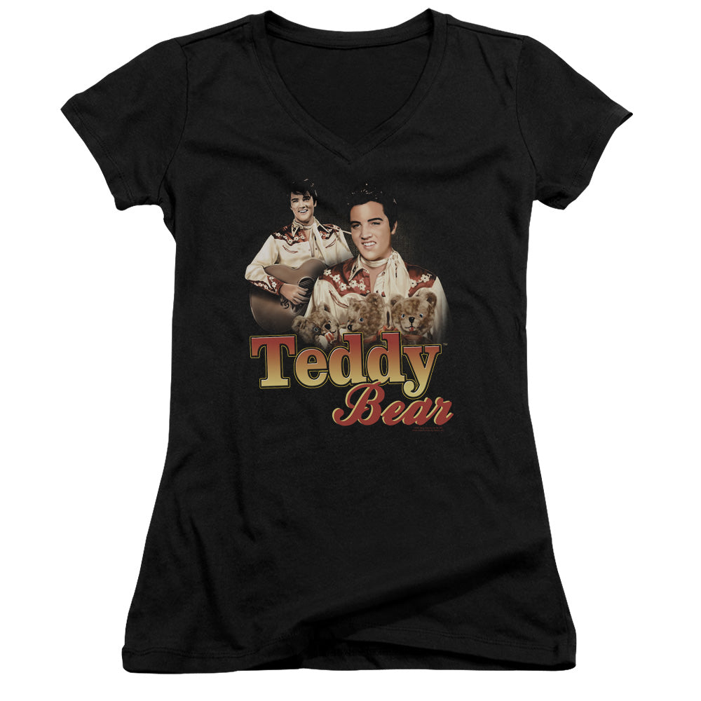 Elvis Presley Teddy Bear Junior Sheer Cap Sleeve V Neck Womens T Shirt Black