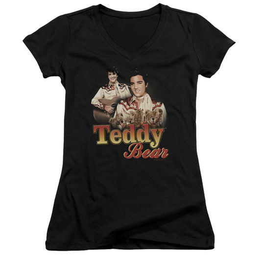 Elvis Presley Teddy Bear Junior Sheer Cap Sleeve V Neck Womens T Shirt Black