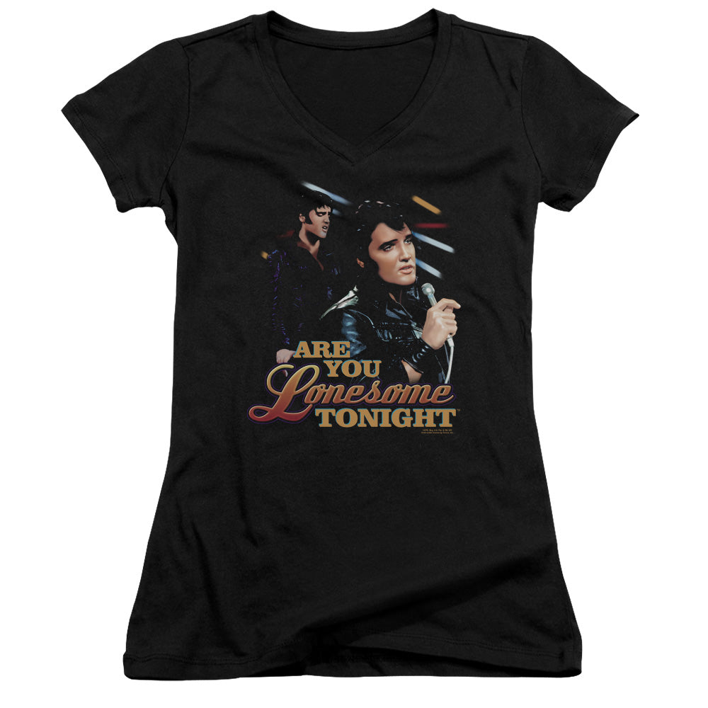 Elvis Presley Are You Lonesome Junior Sheer Cap Sleeve V Neck Womens T Shirt Black