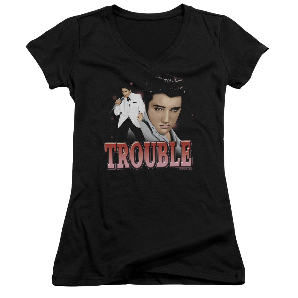 Elvis Presley Trouble Junior Sheer Cap Sleeve V Neck Womens T Shirt Black