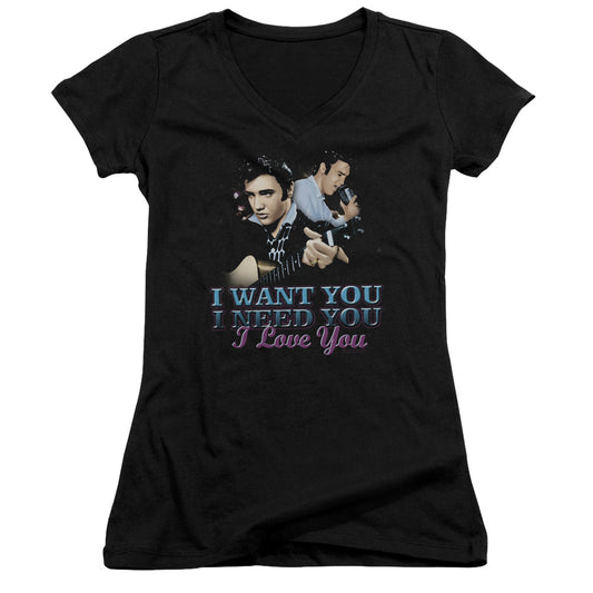 Elvis Presley I Want You Junior Sheer Cap Sleeve V Neck Womens T Shirt Black