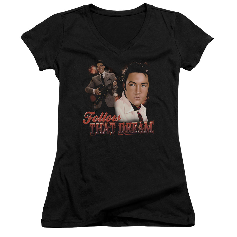 Elvis Presley Follow That Dream Junior Sheer Cap Sleeve V Neck Womens T Shirt Black