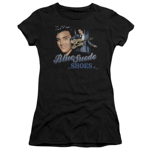 Elvis Presley Blue Suede Shoes Junior Sheer Cap Sleeve Womens T Shirt Black