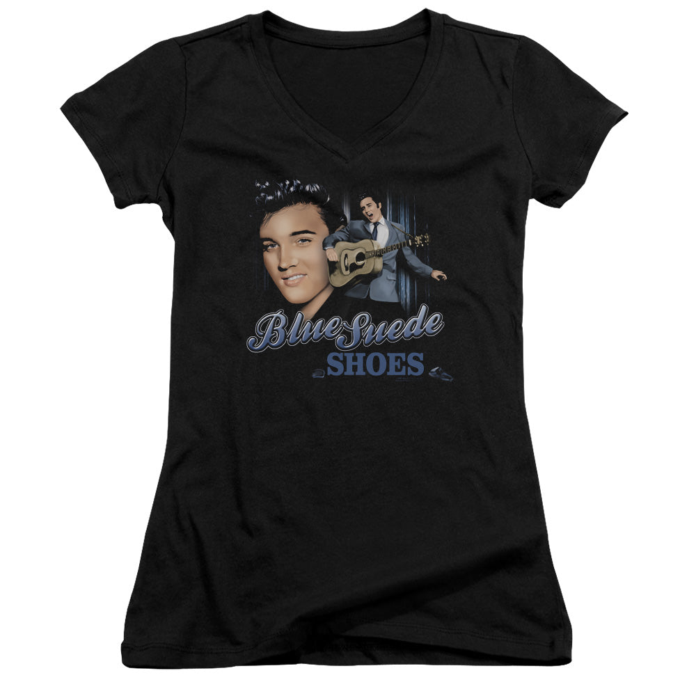 Elvis Presley Blue Suede Shoes Junior Sheer Cap Sleeve V Neck Womens T Shirt Black