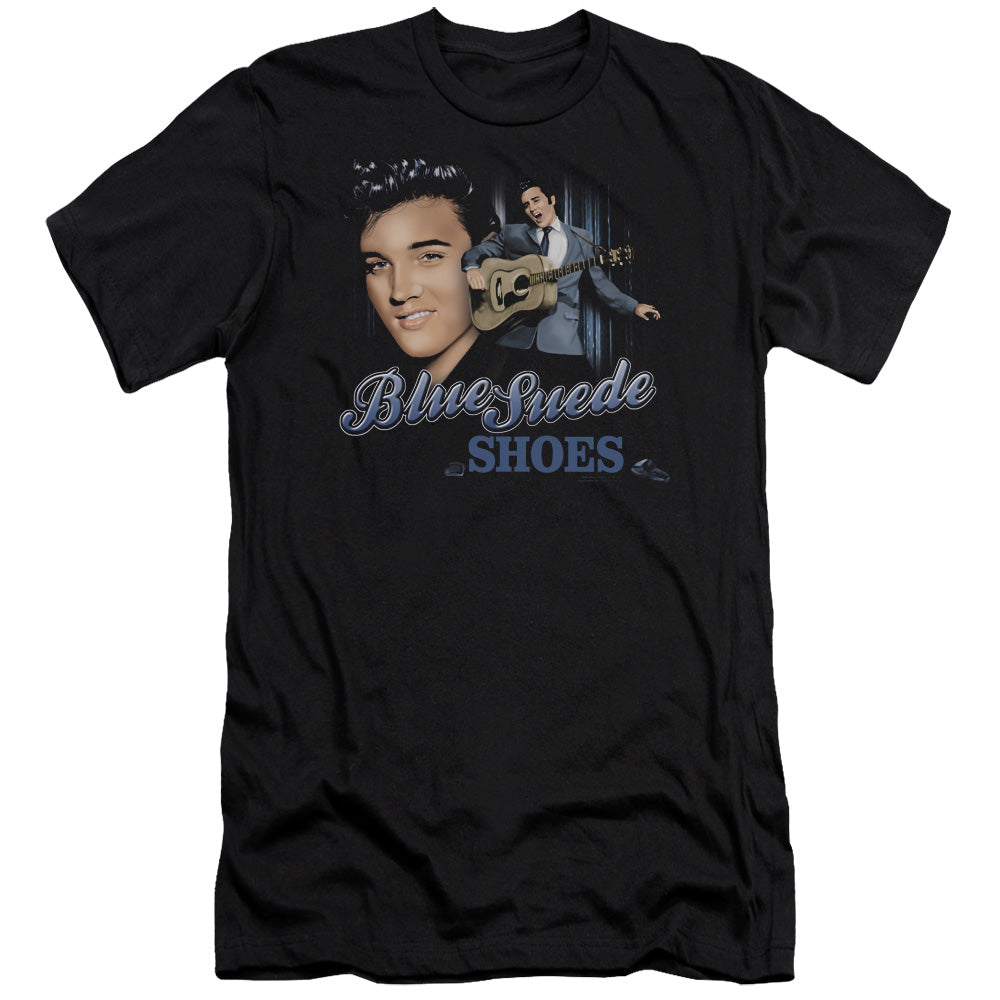 Elvis Presley Blue Suede Shoes Premium Bella Canvas Slim Fit Mens T Shirt Black