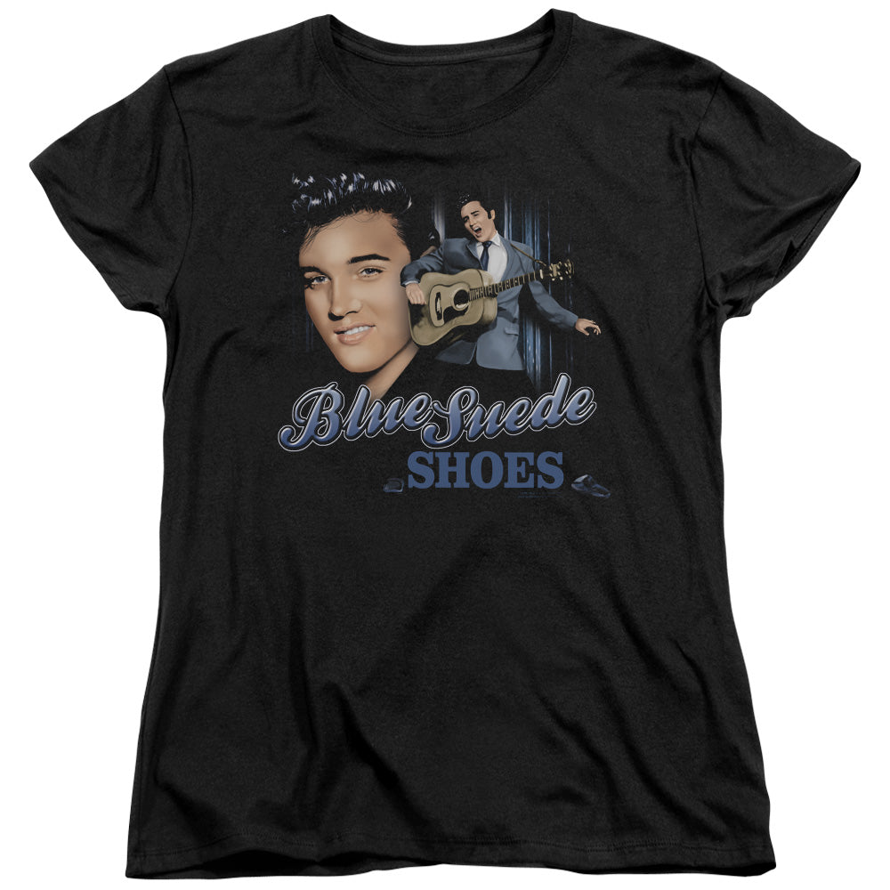 Elvis Presley Blue Suede Shoes Womens T Shirt Black