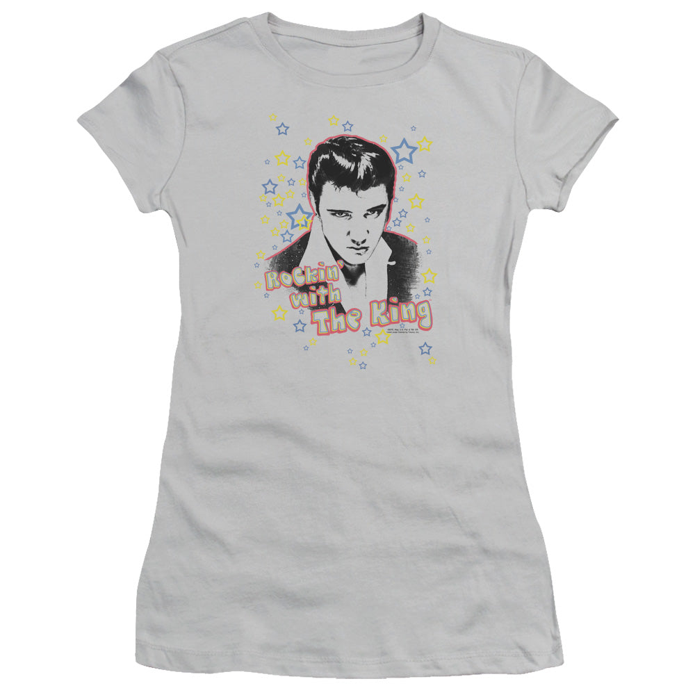 Elvis Presley Rockin With the King Junior Sheer Cap Sleeve Womens T Shirt Silver