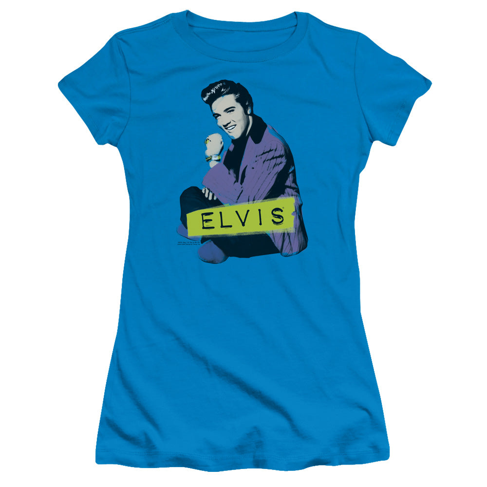 Elvis Presley Sitting Junior Sheer Cap Sleeve Womens T Shirt Turquoise