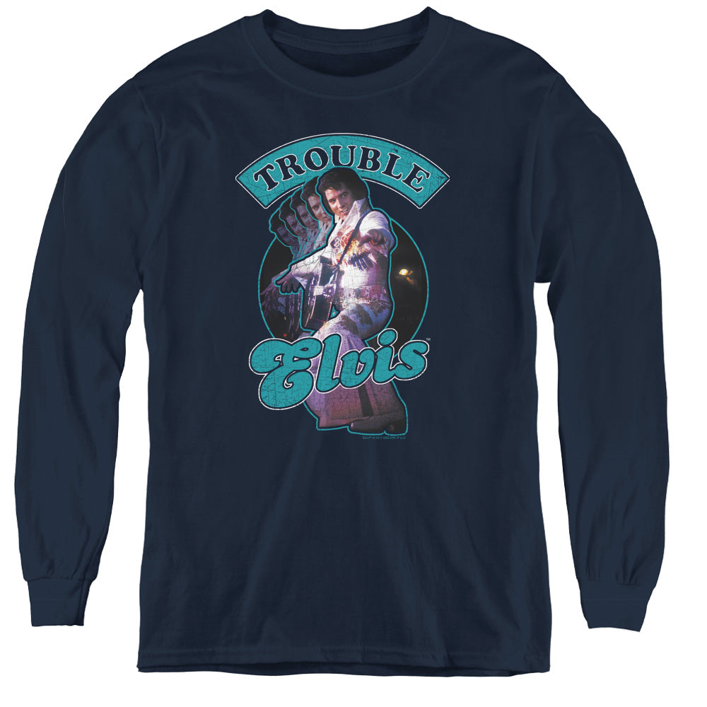 Elvis Presley Total Trouble Long Sleeve Kids Youth T Shirt Navy