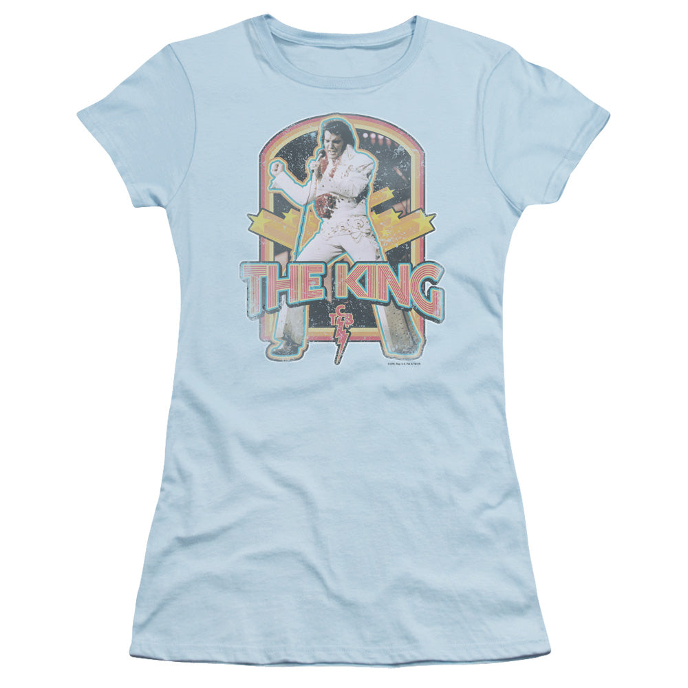 Elvis Presley Distressed King Junior Sheer Cap Sleeve Womens T Shirt Light Blue