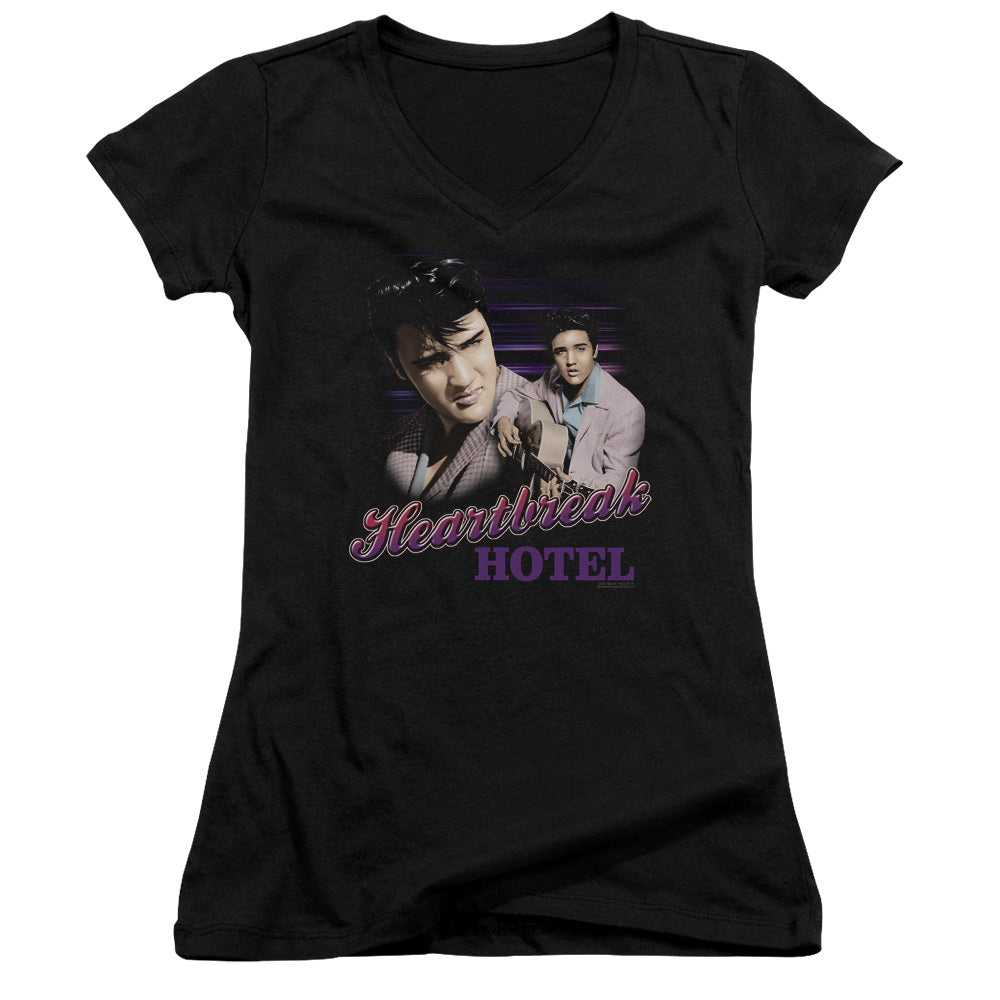 Elvis Presley Heartbreak Hotel Junior Sheer Cap Sleeve V Neck Womens T Shirt Black