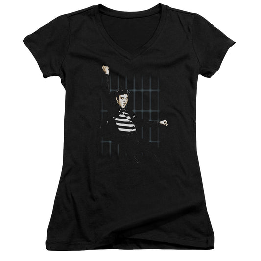 Elvis Presley Blue Bars Junior Sheer Cap Sleeve V Neck Womens T Shirt Black