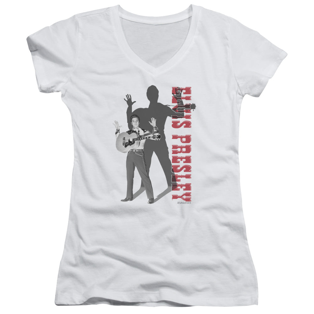 Elvis Presley Look No Hands Junior Sheer Cap Sleeve V Neck Womens T Shirt White