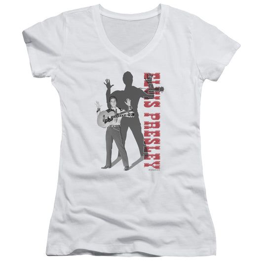 Elvis Presley Look No Hands Junior Sheer Cap Sleeve V Neck Womens T Shirt White