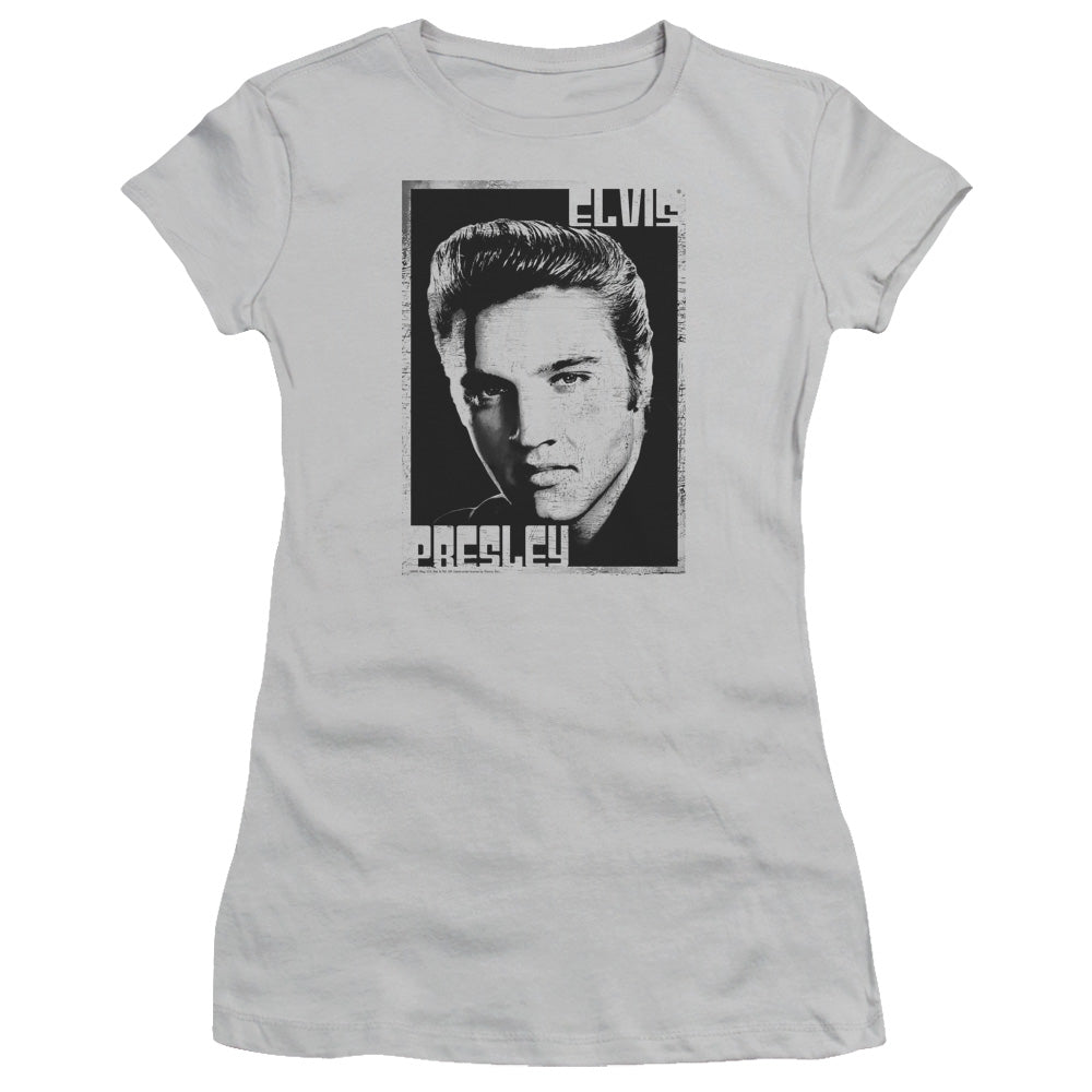 Elvis Presley Graphic Portrait Junior Sheer Cap Sleeve Womens T Shirt Silver